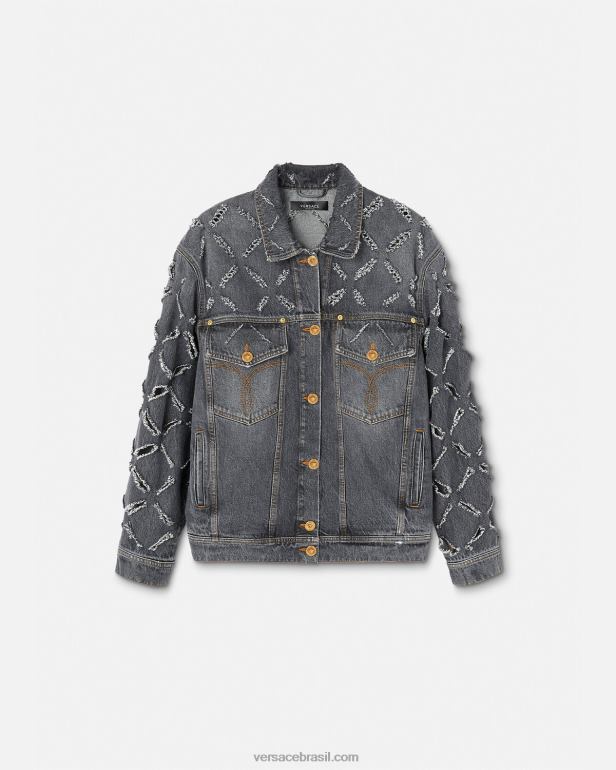roupas P2TX227 Versace jaqueta jeans cortada cinza mulheres