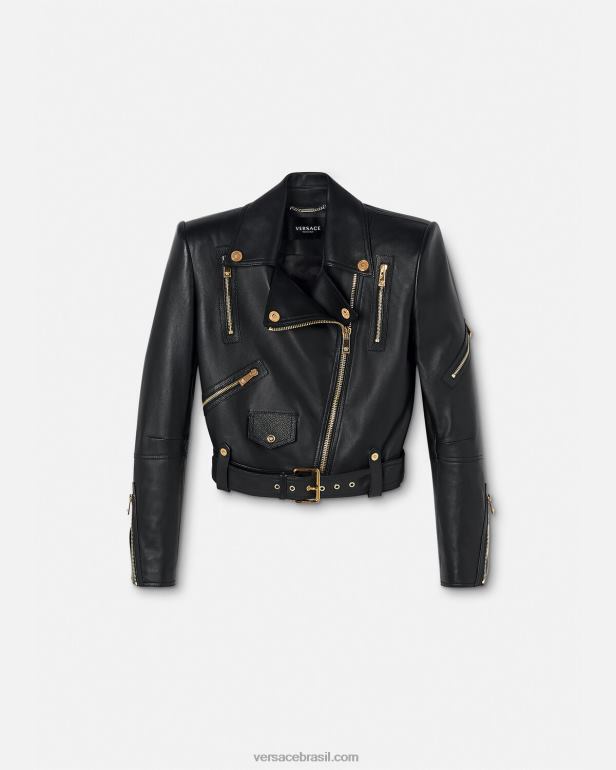 roupas P2TX89 Versace jaqueta biker couro medusa preto mulheres