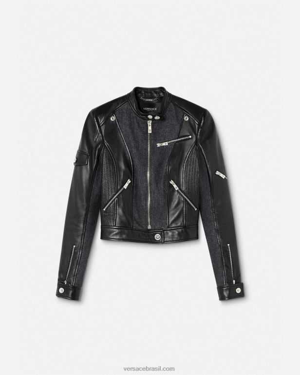 roupas P2TX90 Versace jaqueta jeans de motociclista em couro preto mulheres