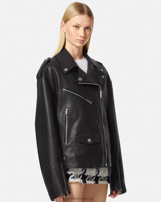 roupas P2TX96 Versace jaqueta de motociclista de couro preto mulheres