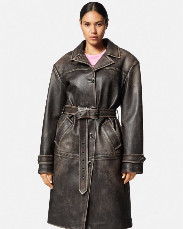 roupas P2TX97 Versace trench coat barroco em couro escovado cinza mulheres