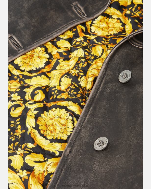 roupas P2TX97 Versace trench coat barroco em couro escovado cinza mulheres