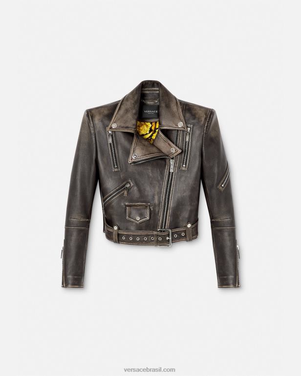 roupas P2TX98 Versace jaqueta de couro escovado barroco cinza mulheres