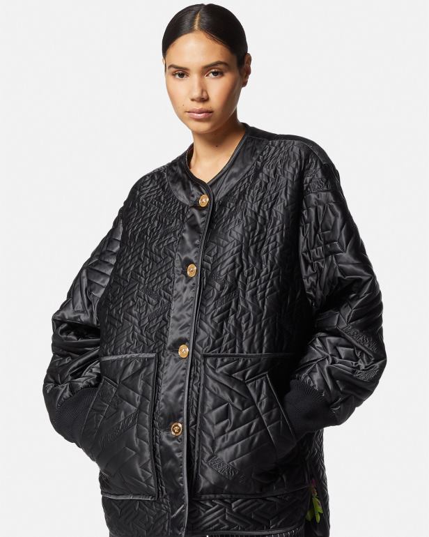 roupas P2TX99 Versace jaqueta reversível orquídea medusa preto e estampado mulheres