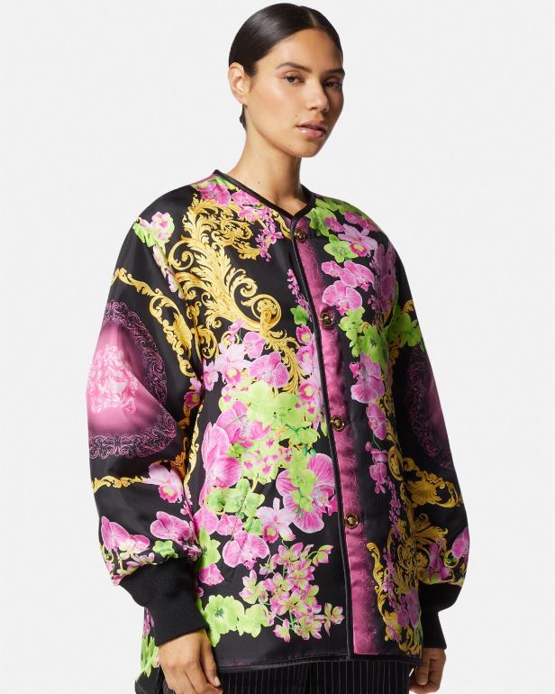 roupas P2TX99 Versace jaqueta reversível orquídea medusa preto e estampado mulheres