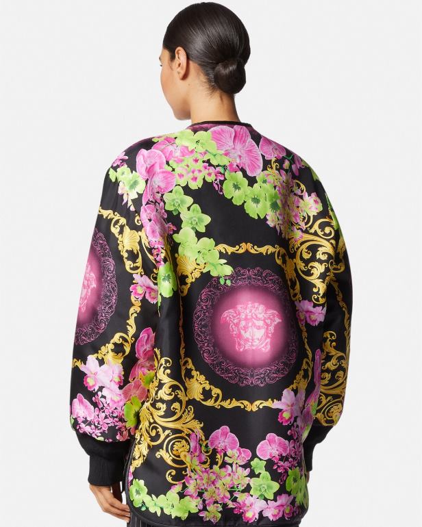 roupas P2TX99 Versace jaqueta reversível orquídea medusa preto e estampado mulheres