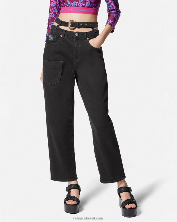 roupas P2TX2148 Versace calça jeans com fivela barroca preto mulheres