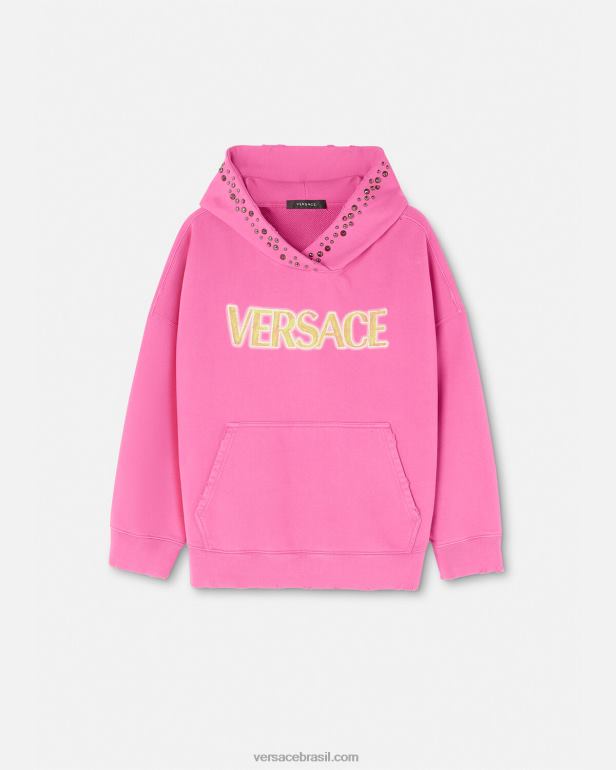 roupas P2TX143 Versace moletom com capuz e logo desgastado rosa mulheres
