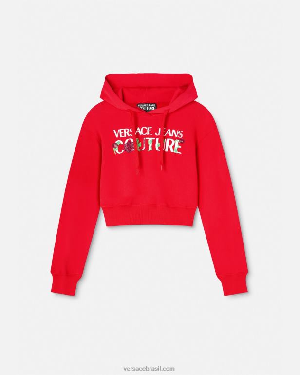 roupas P2TX2170 Versace moletom com capuz cropped com logo rosas laranja mulheres
