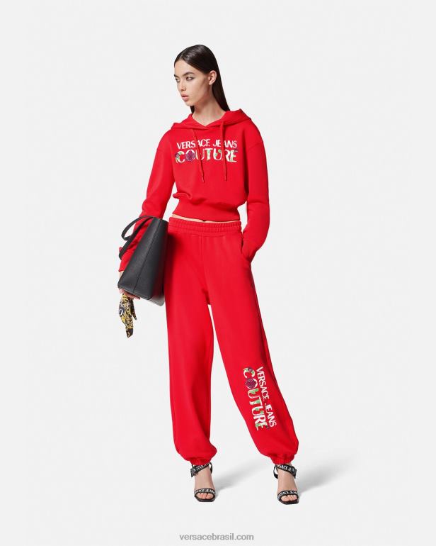 roupas P2TX2170 Versace moletom com capuz cropped com logo rosas laranja mulheres