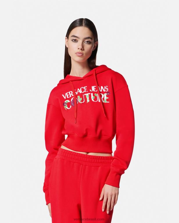 roupas P2TX2170 Versace moletom com capuz cropped com logo rosas laranja mulheres