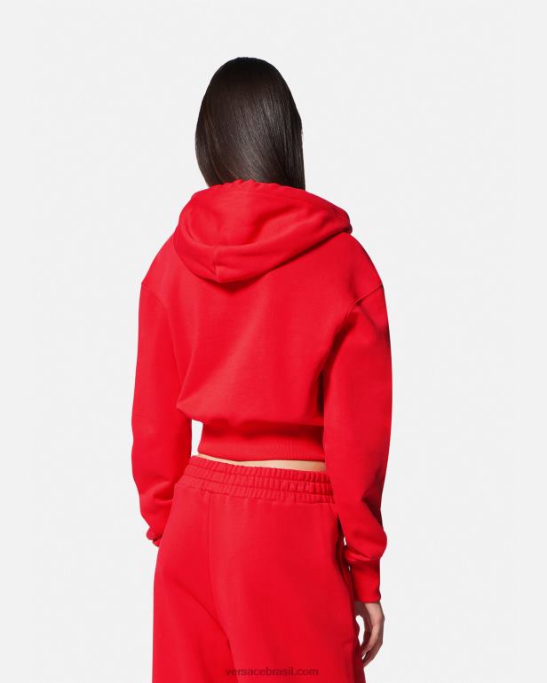 roupas P2TX2170 Versace moletom com capuz cropped com logo rosas laranja mulheres