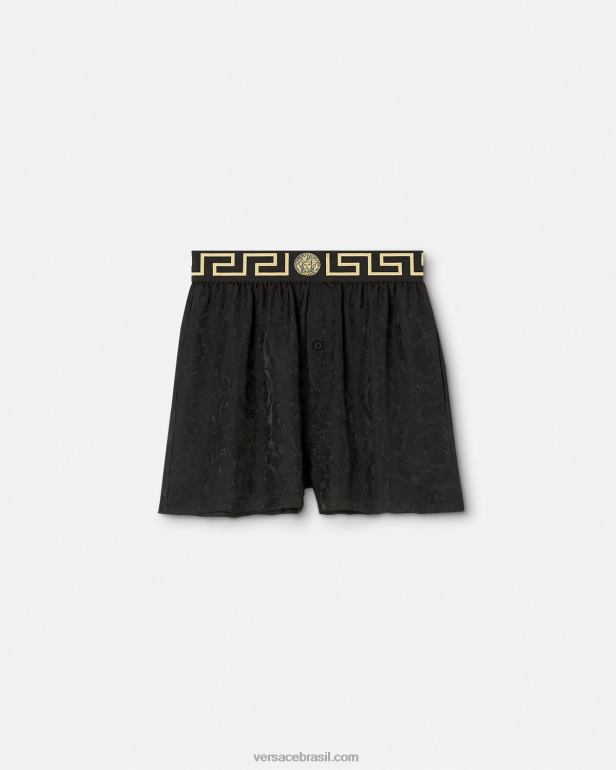 roupas íntimas e moda praia P2TX1025 Versace shorts de pijama greca border barocco preto e cinza mulheres