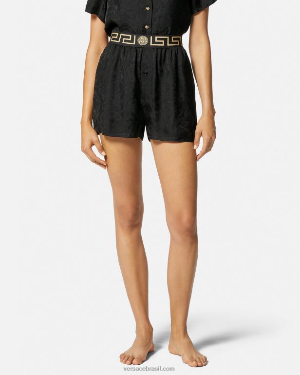 roupas íntimas e moda praia P2TX1025 Versace shorts de pijama greca border barocco preto e cinza mulheres