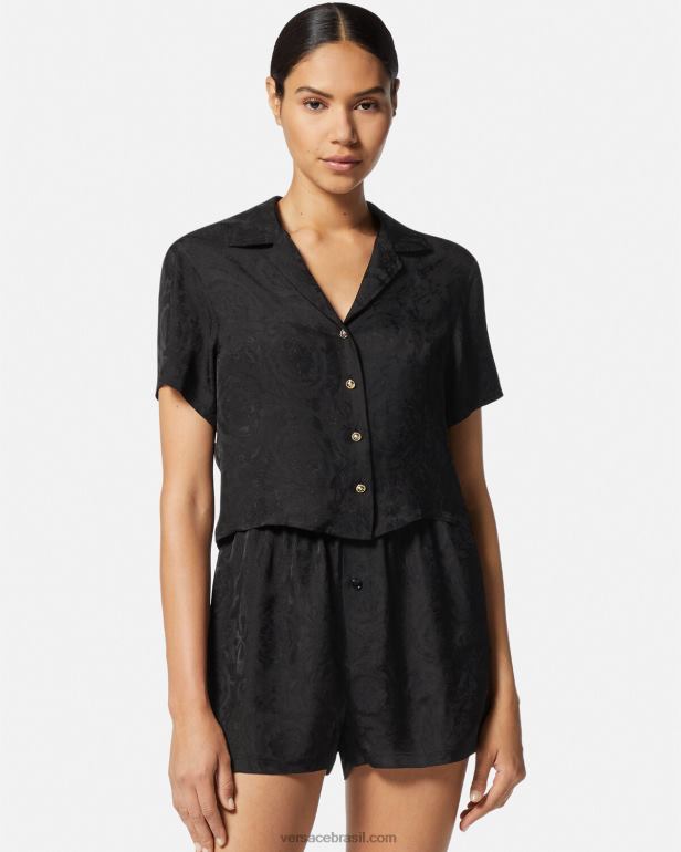 roupas íntimas e moda praia P2TX1028 Versace blusa de pijama jacquard barocco preto e cinza mulheres