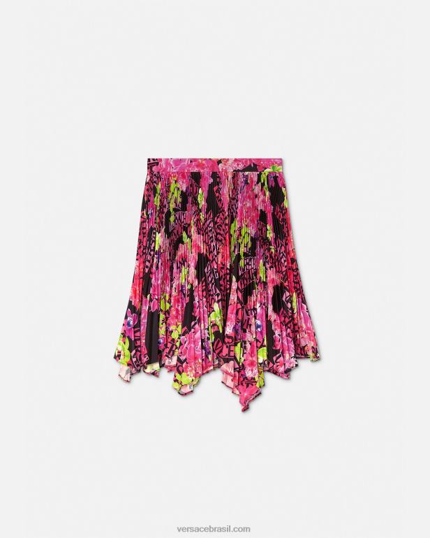 roupas P2TX183 Versace saia plissada com logo orquídea preto e estampado mulheres
