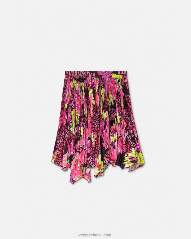roupas P2TX183 Versace saia plissada com logo orquídea preto e estampado mulheres