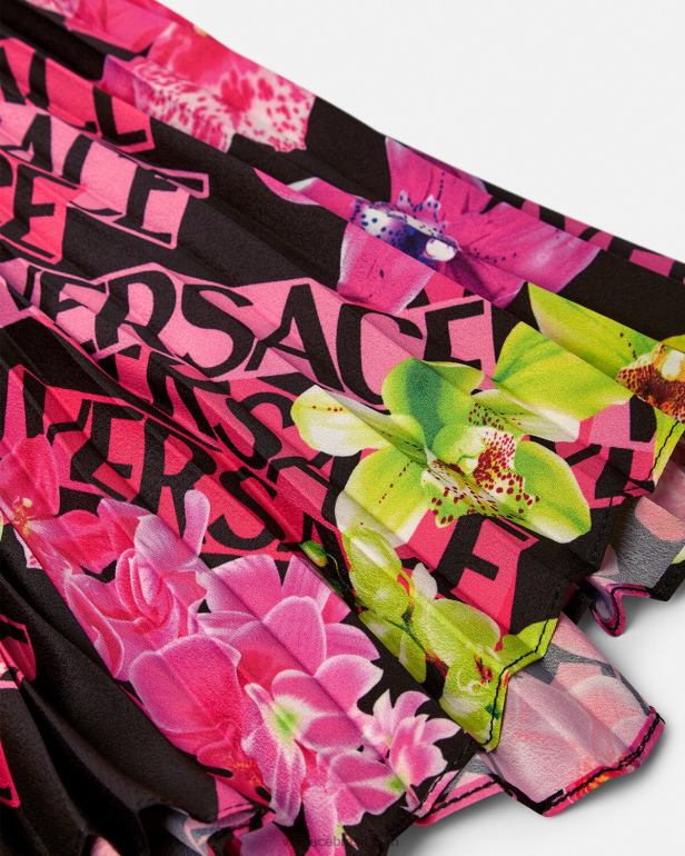 roupas P2TX183 Versace saia plissada com logo orquídea preto e estampado mulheres