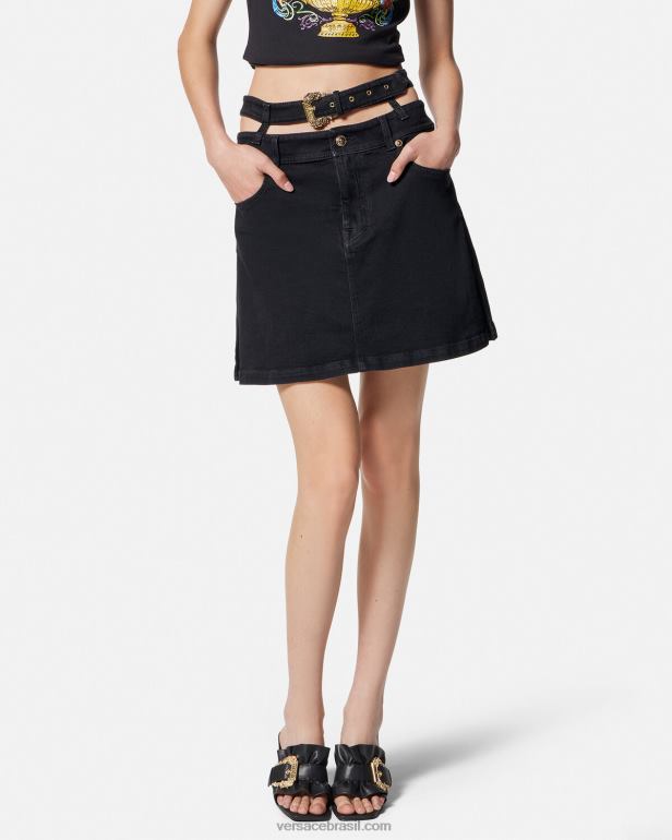 roupas P2TX2151 Versace mini saia jeans com fivela barroca preto mulheres