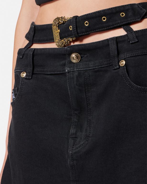 roupas P2TX2151 Versace mini saia jeans com fivela barroca preto mulheres