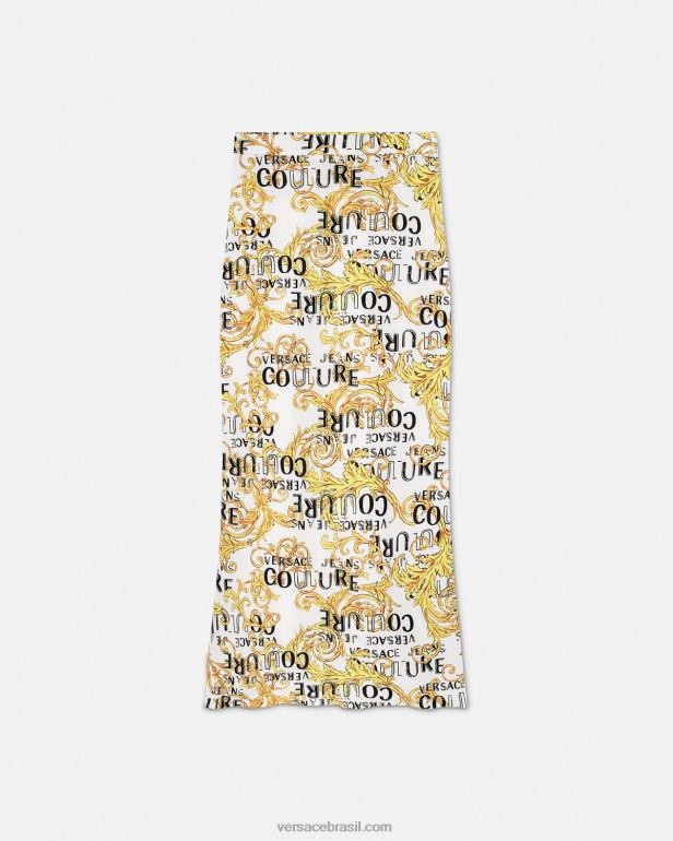 roupas P2TX2251 Versace saia midi de alta costura com logo ouro e branco mulheres