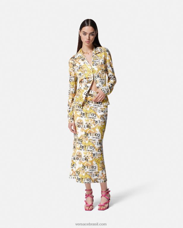 roupas P2TX2251 Versace saia midi de alta costura com logo ouro e branco mulheres