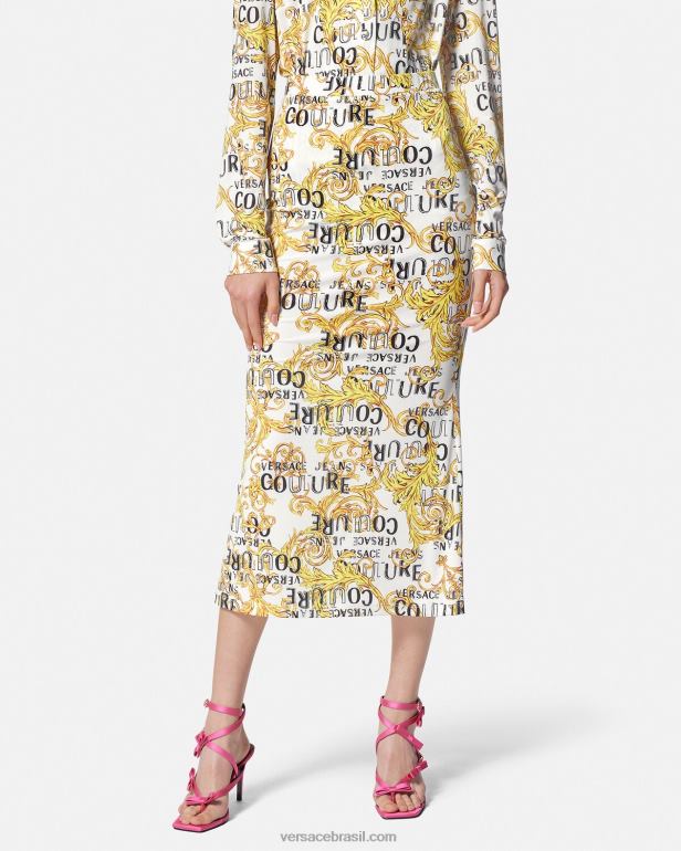 roupas P2TX2251 Versace saia midi de alta costura com logo ouro e branco mulheres