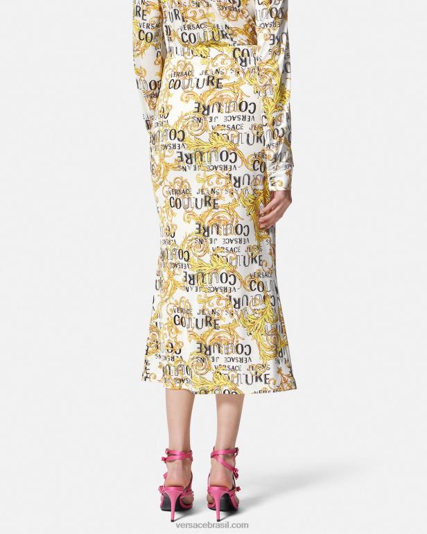 roupas P2TX2251 Versace saia midi de alta costura com logo ouro e branco mulheres