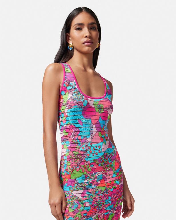roupas P2TX12 Versace vestido midi floral de malha de verão imprimir mulheres