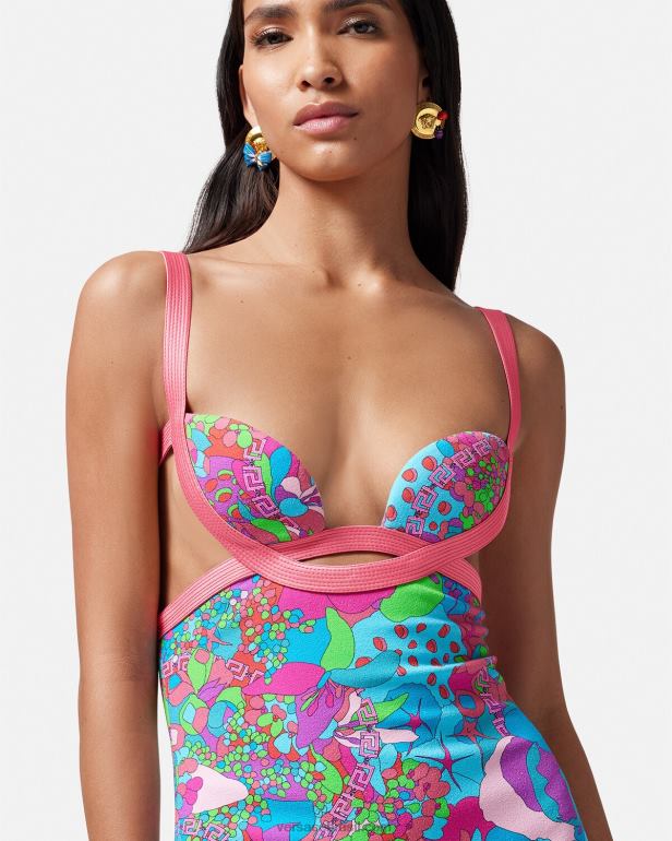 roupas P2TX13 Versace vestido midi com recorte floral de verão imprimir mulheres