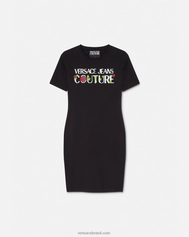 roupas P2TX2157 Versace vestido camiseta com logo rosas preto mulheres