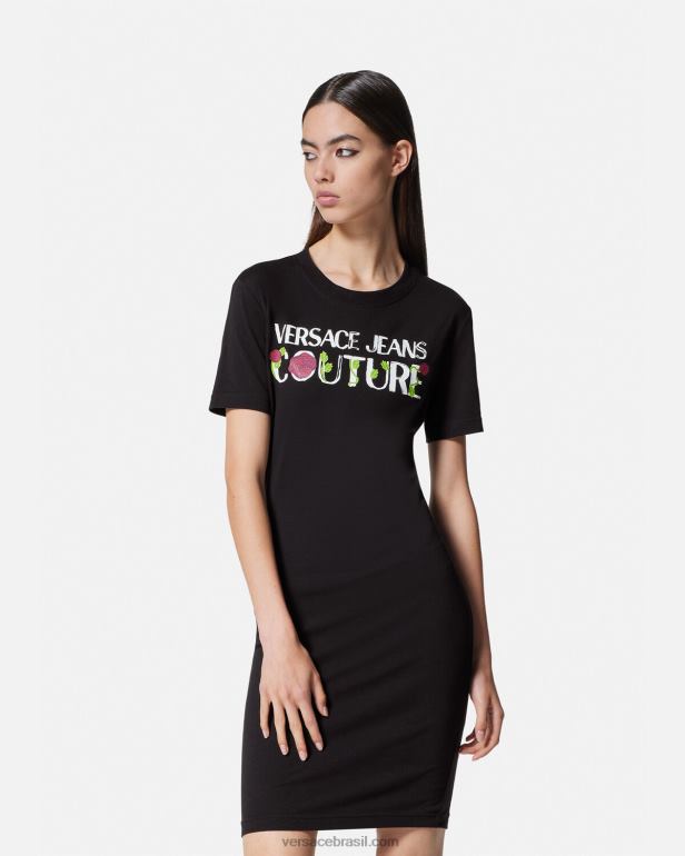 roupas P2TX2157 Versace vestido camiseta com logo rosas preto mulheres