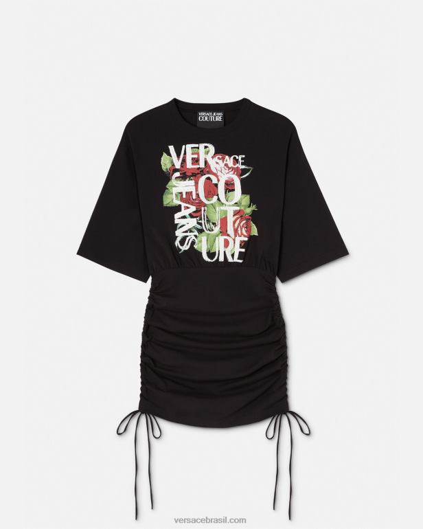 roupas P2TX2161 Versace vestido camiseta com cadarço e logo rosas preto mulheres