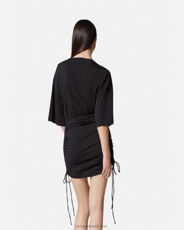 roupas P2TX2161 Versace vestido camiseta com cadarço e logo rosas preto mulheres