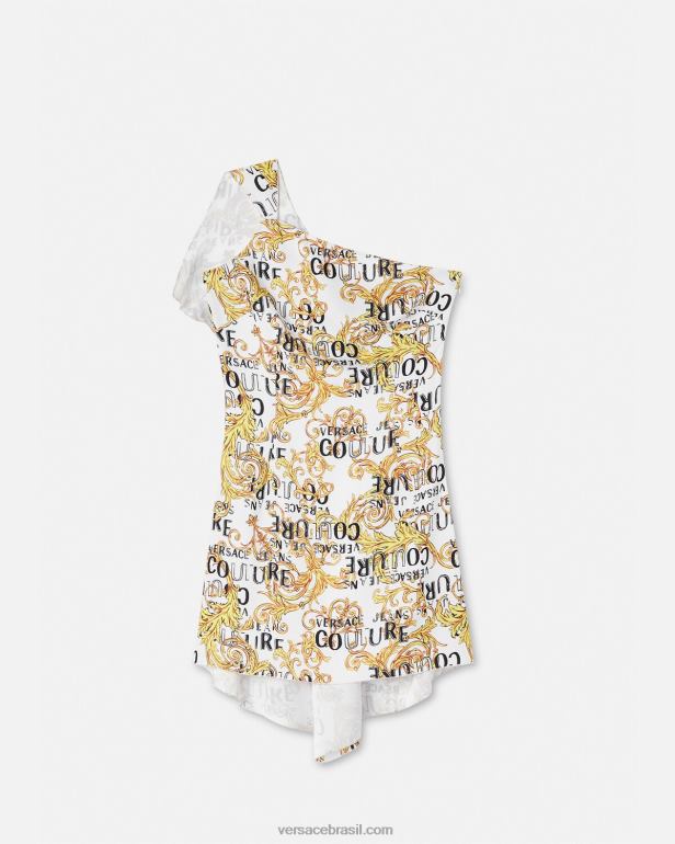 roupas P2TX2186 Versace vestido de um ombro só de alta costura com logo ouro e branco mulheres