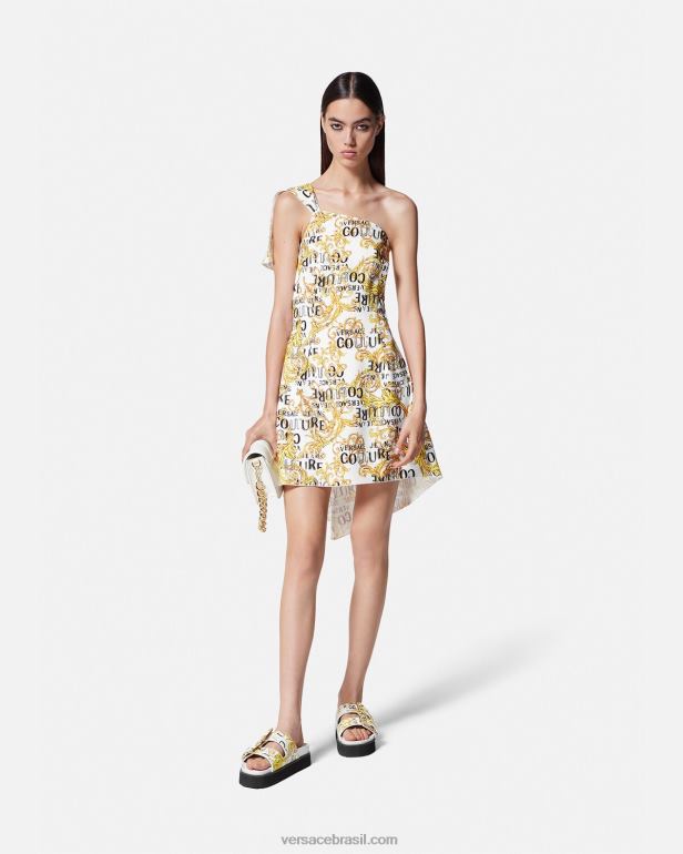 roupas P2TX2186 Versace vestido de um ombro só de alta costura com logo ouro e branco mulheres