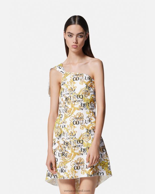 roupas P2TX2186 Versace vestido de um ombro só de alta costura com logo ouro e branco mulheres