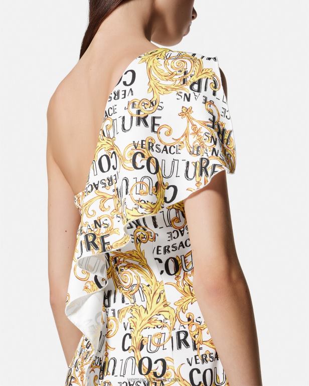 roupas P2TX2186 Versace vestido de um ombro só de alta costura com logo ouro e branco mulheres