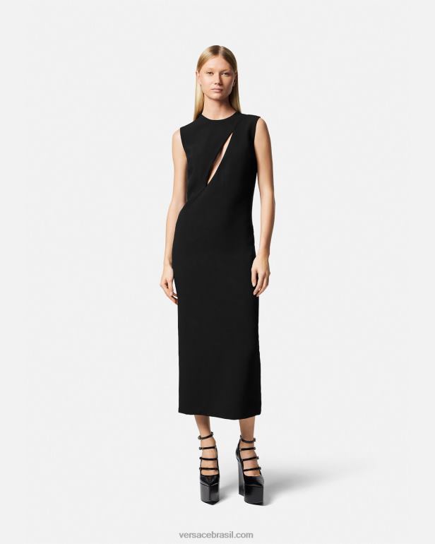roupas P2TX46 Versace vestido midi cortado sem manga preto mulheres