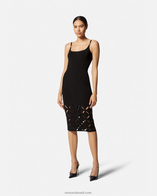roupas P2TX49 Versace vestido midi de tricô cortado preto mulheres