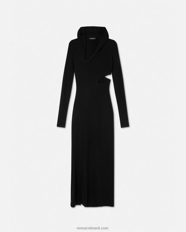 roupas P2TX52 Versace vestido longo com capuz cortado preto mulheres