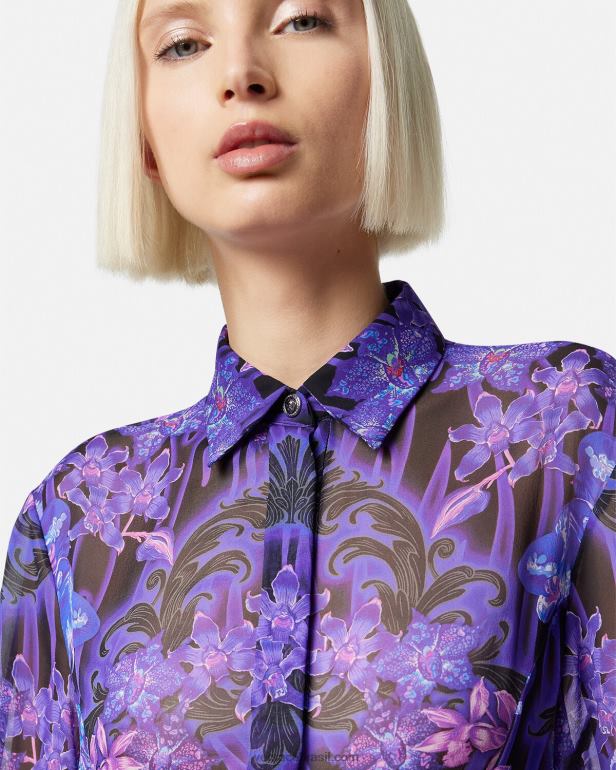 roupas P2TX54 Versace vestido camisa midi orquídea barocco violeta e estampa mulheres