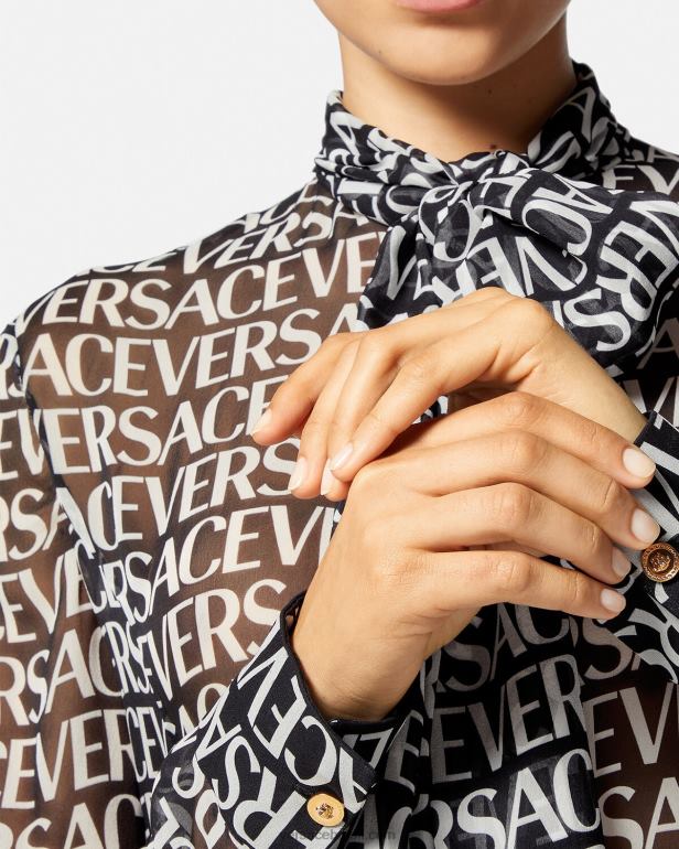 roupas P2TX55 Versace vestido camisa midi todo preto e estampado mulheres