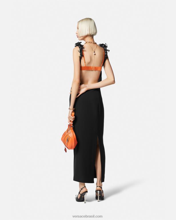 roupas P2TX62 Versace vestido midi de seda enrolado e enfeitado preto mulheres