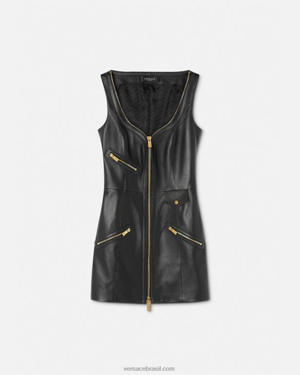 roupas P2TX67 Versace mini vestido de couro de motociclista preto mulheres