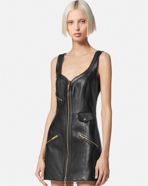 roupas P2TX67 Versace mini vestido de couro de motociclista preto mulheres