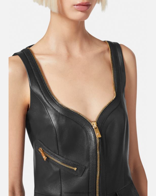 roupas P2TX67 Versace mini vestido de couro de motociclista preto mulheres