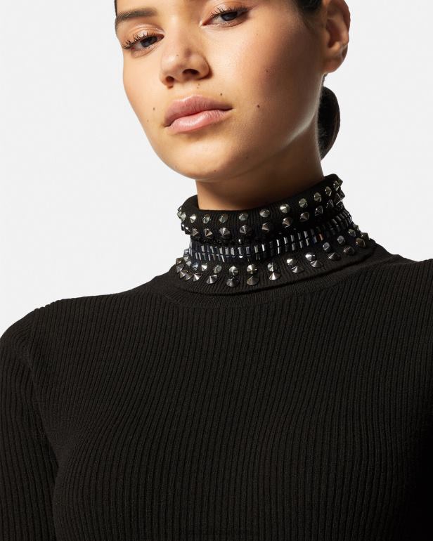 roupas P2TX71 Versace vestido midi de tricô com gola alta preto mulheres