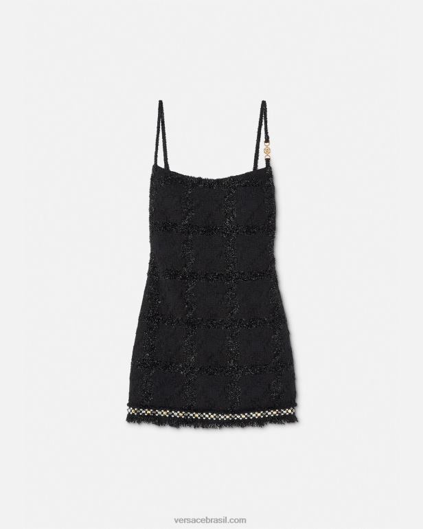 roupas P2TX77 Versace minivestido de tweed com pontas medusa preto mulheres