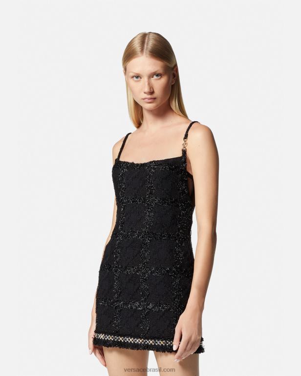 roupas P2TX77 Versace minivestido de tweed com pontas medusa preto mulheres